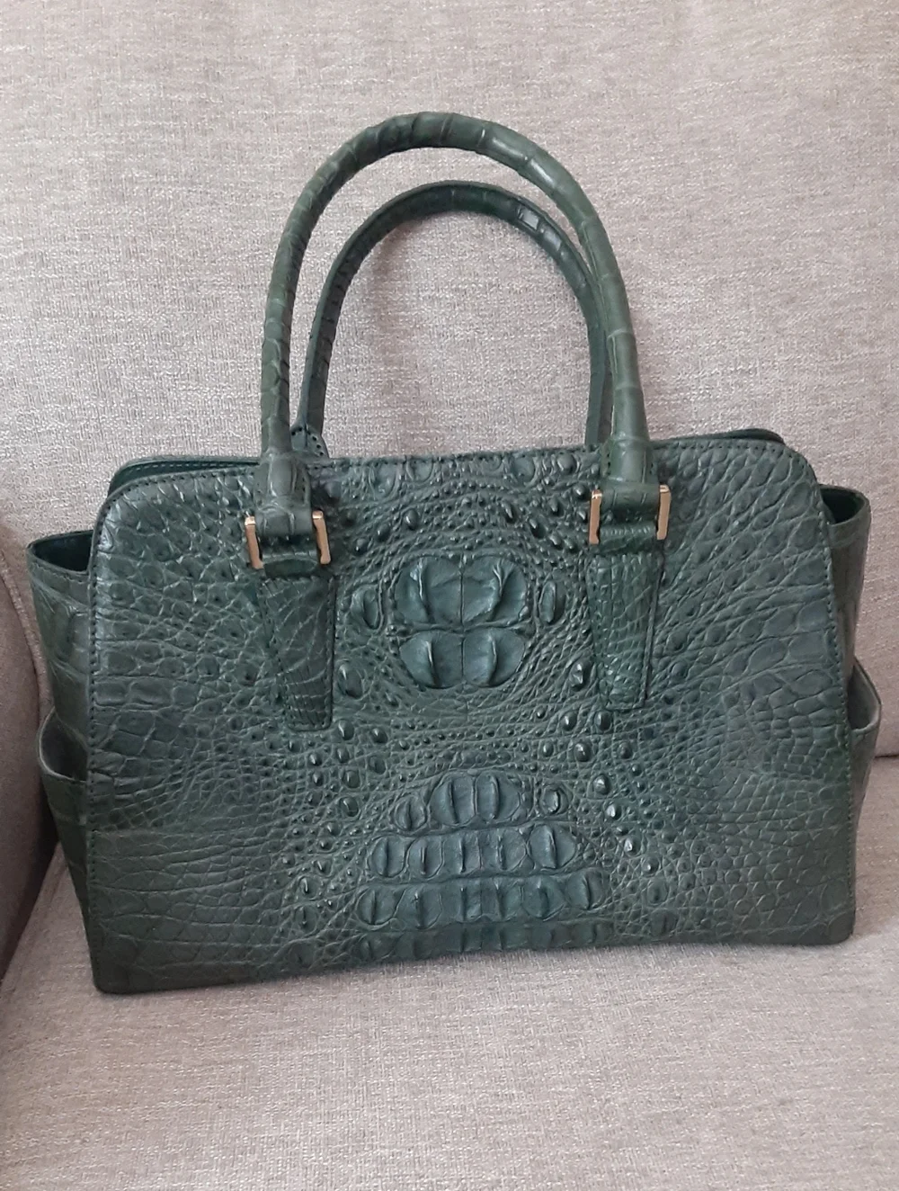 Dark Green Croc-Embossed Structured Satchel - Women Bags